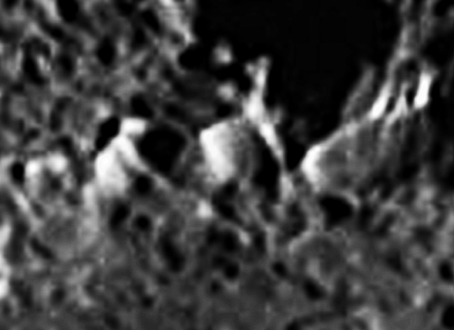 Iapetus Cassini crater with sharpening and extra contrast